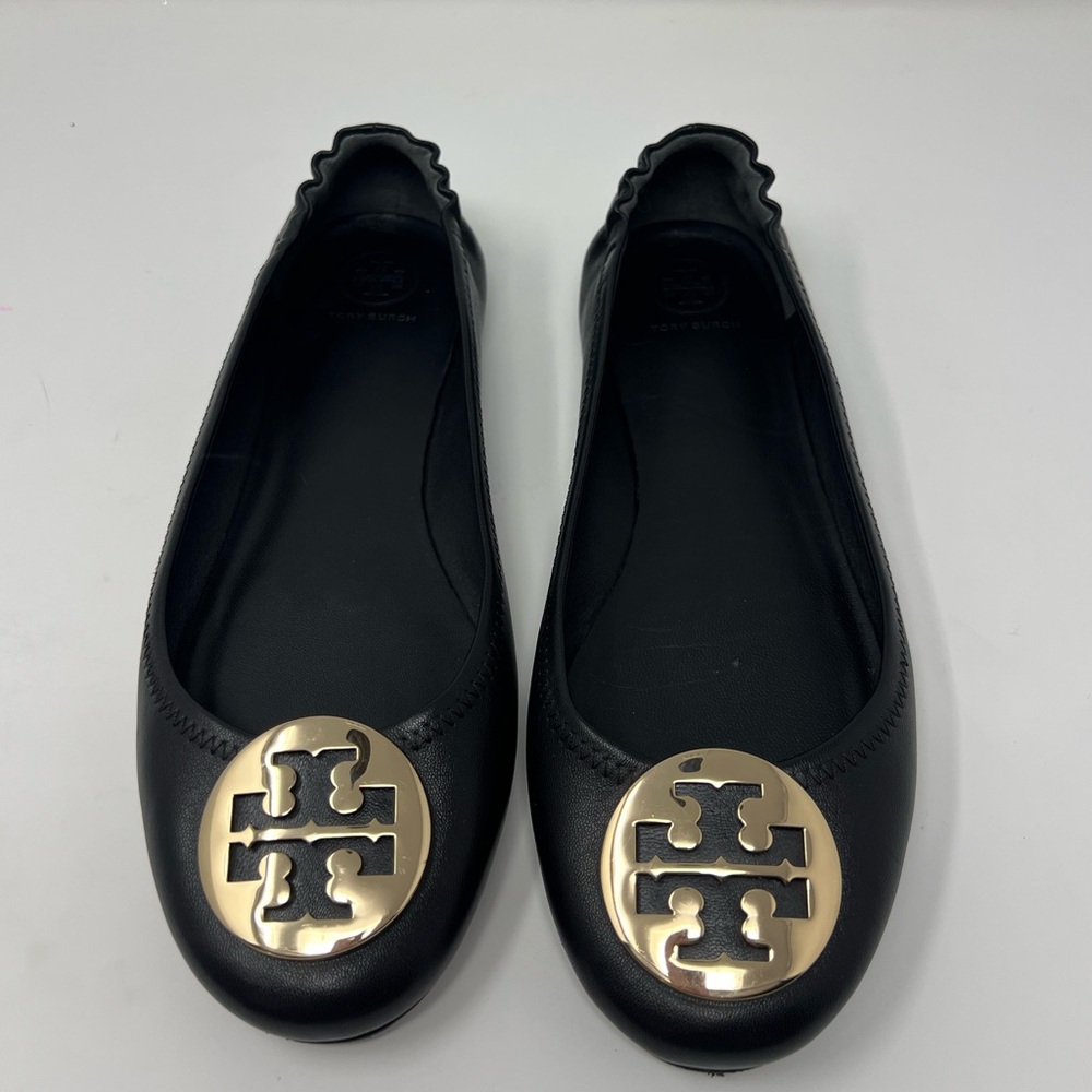 Tory Burch Minnie Travel Ballet W/ Metal Logo Women's Shoes Black/Gold Size 10M
